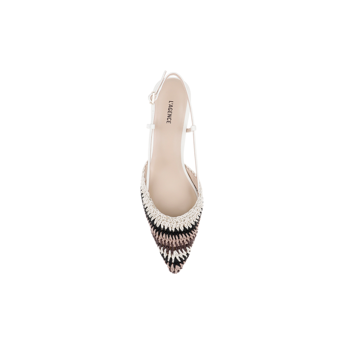 Top view of the Nantes Slingback Pump, featuring a pointed toe, woven multicolored zigzag pattern, and a white ankle strap, enhanced with a memory foam insole for added comfort, set against a white background.