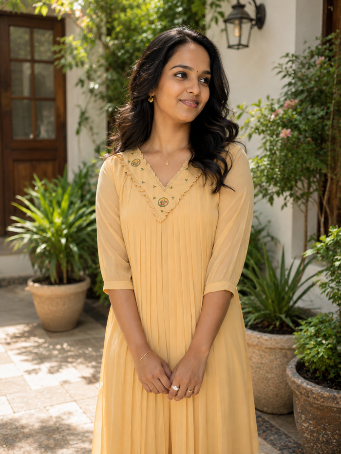 Naples yellow shaded georgette Aline handworked kurti MBS-1358