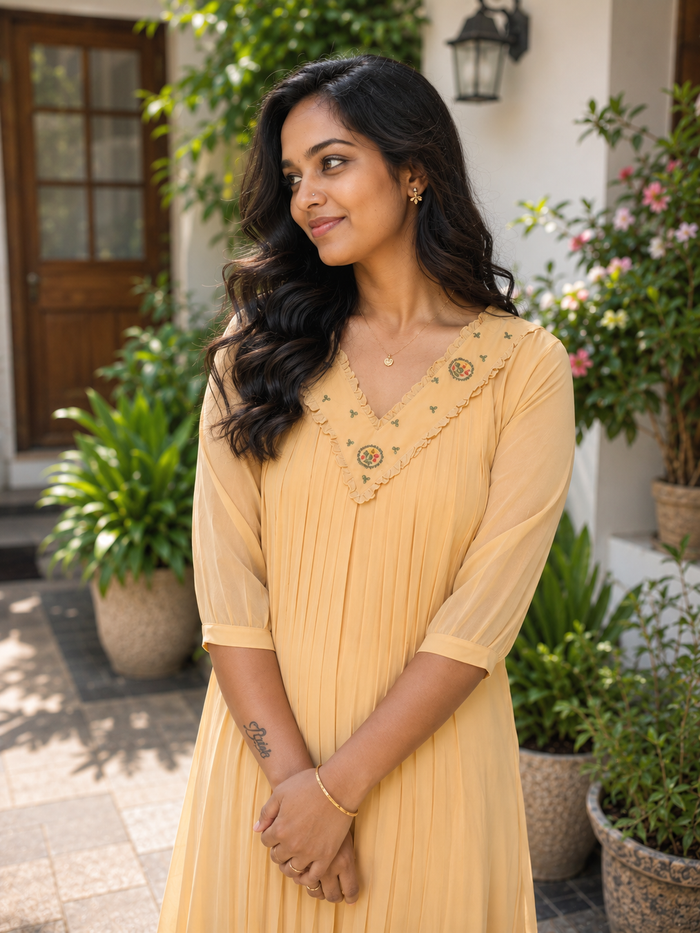 Naples yellow shaded georgette Aline handworked kurti MBS-1358