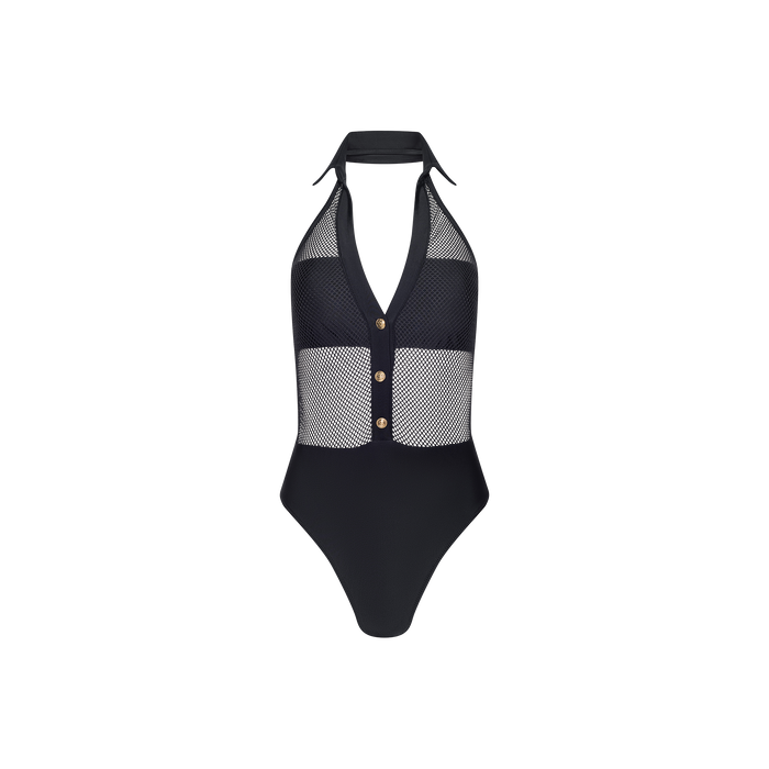 The Natalya Collared One-Piece Swimsuit features a halter-neck design with a deep V neckline, mesh panels on the torso, three buttons down the front, and solid black fabric on the lower half.