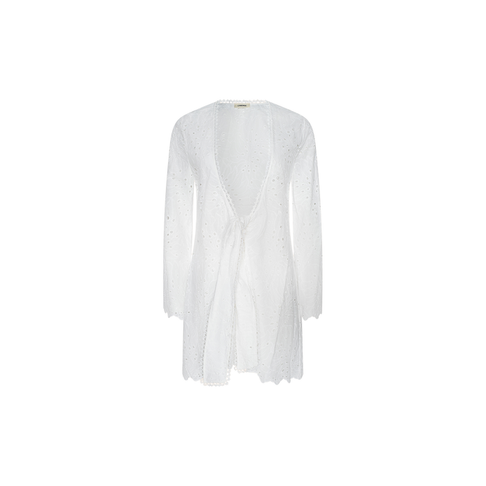 Navaeh Cover-Up Kimono—a white, long-sleeve, open-front cotton eyelet kimono with scalloped edges and a waist tie—displayed on a plain white background.