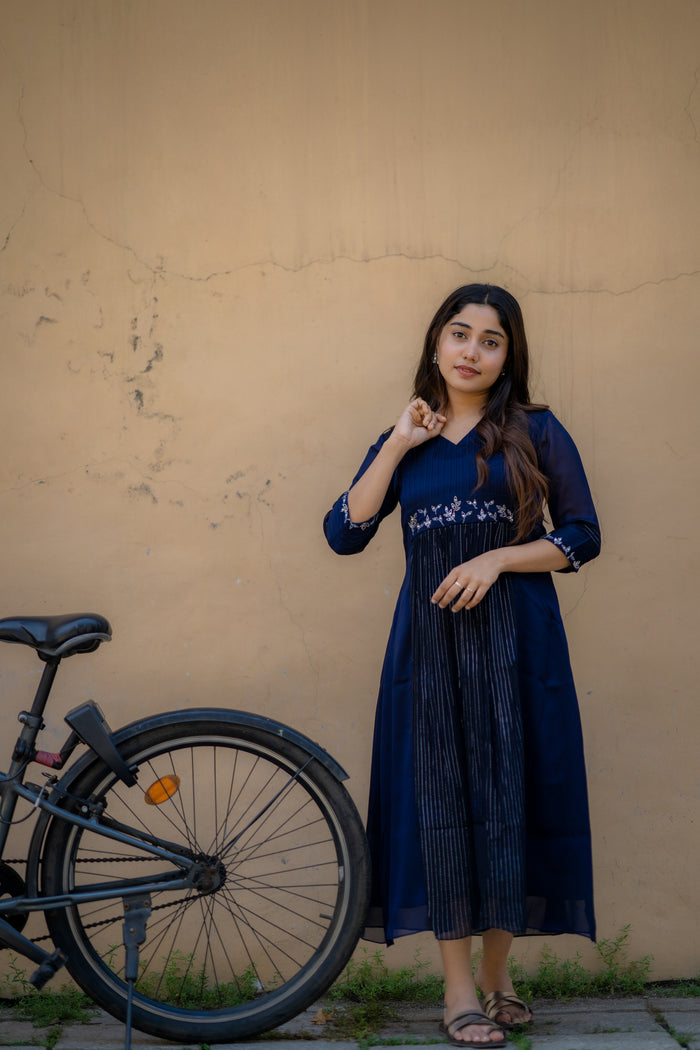 Navy blue blooming georgette Aline kurti with lurex lined panel and handwork MBS-460