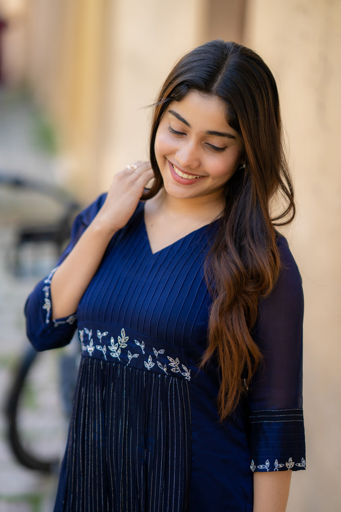 Navy blue blooming georgette Aline kurti with lurex lined panel and handwork MBS-460