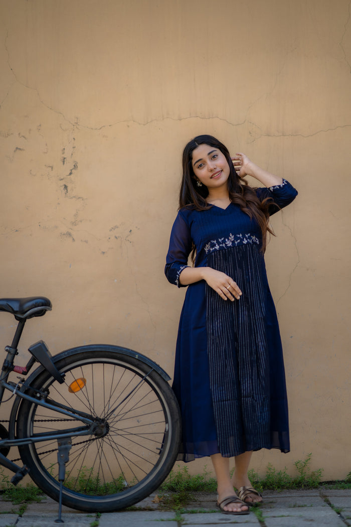 Navy blue blooming georgette Aline kurti with lurex lined panel and handwork MBS-460