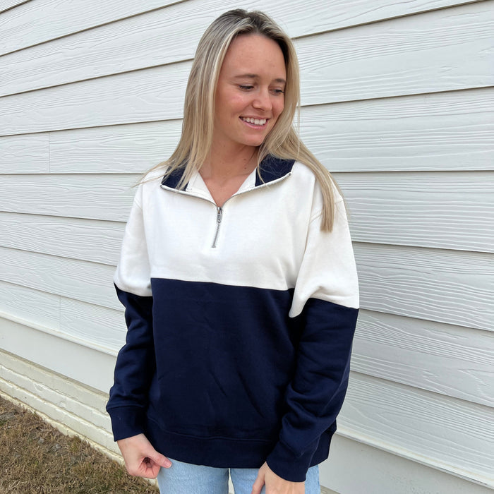 Navy/Cloud Dancer Colorblock Quarter Zip Pullover Ivy + Cloth