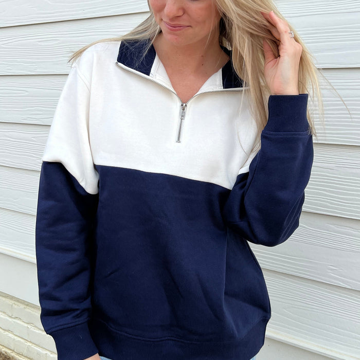 Navy/Cloud Dancer Colorblock Quarter Zip Pullover Ivy + Cloth