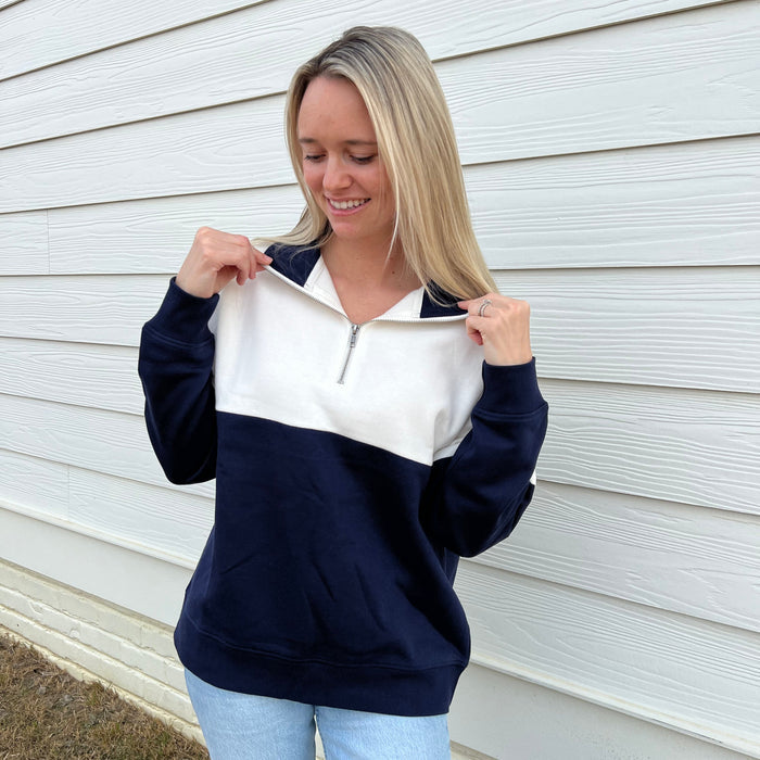 Navy/Cloud Dancer Colorblock Quarter Zip Pullover Ivy + Cloth