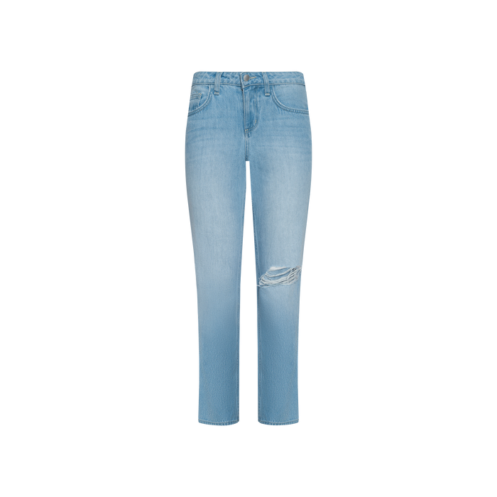 The Nevia Slouchy Straight-Leg Jean features a light wash with a high waist and straight legs, highlighted by a single ripped detail on the right knee. Displayed against a plain white background, these vintage-inspired jeans deliver an easygoing off-duty style.