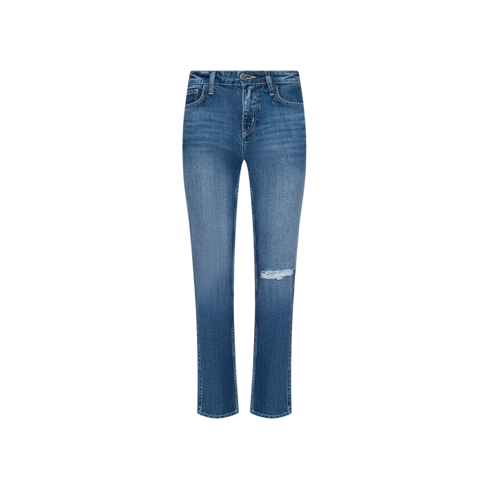 The Nevia Slouchy Straight-Leg Jean is a pair of blue jeans made from all-cotton denim, featuring a high waist, classic five-pocket styling, and a rip on the right knee, shown against a plain white background.