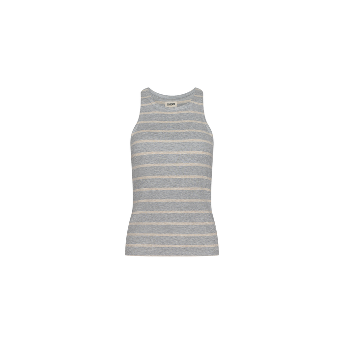 The Nia Ribbed Tank, shown on a plain white background, features gray and white horizontal stripes in soft microfiber modal with a high neckline and racerback design.