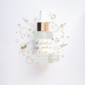 Bottle of nib cleaning solution in frosted glass with a pipette on a background of illustrations