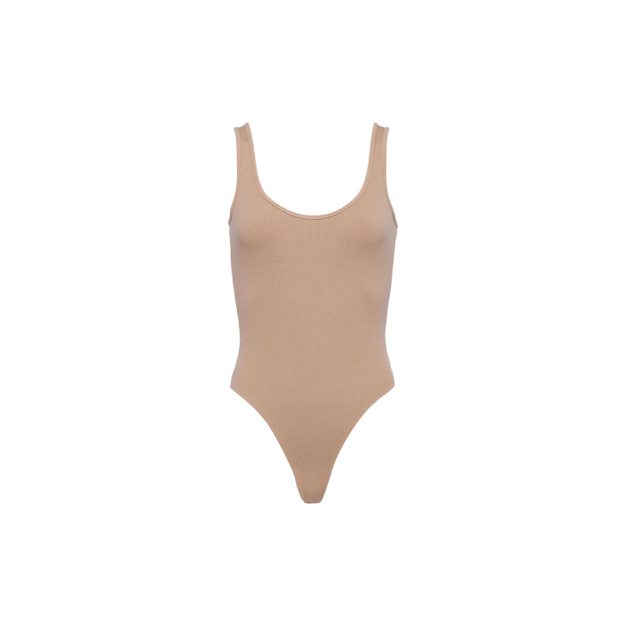 The Nica Scoopneck Bodysuit is a beige, sleeveless bodysuit featuring a scoop neckline and high-cut legs, displayed against a plain white background—perfect for layering.