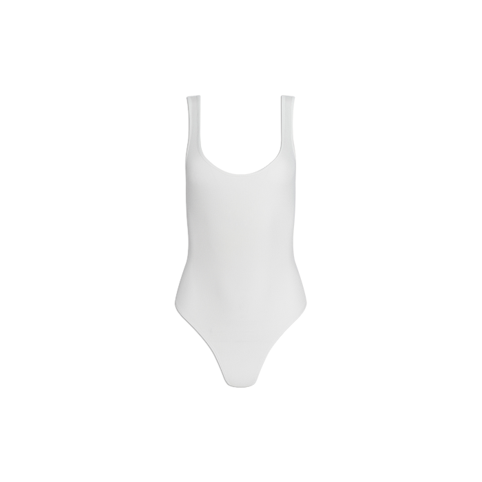 The Nica Scoopneck Bodysuit is a plain white sleeveless piece with a sculpted fit and scoop neckline, shown against a white background—ideal as a versatile base layer.
