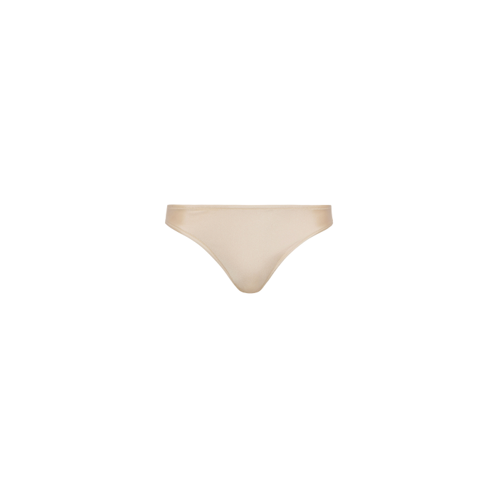 Nicole Bikini Bottom in beige, featuring moderate coverage and four-way stretch, displayed on a plain white background.