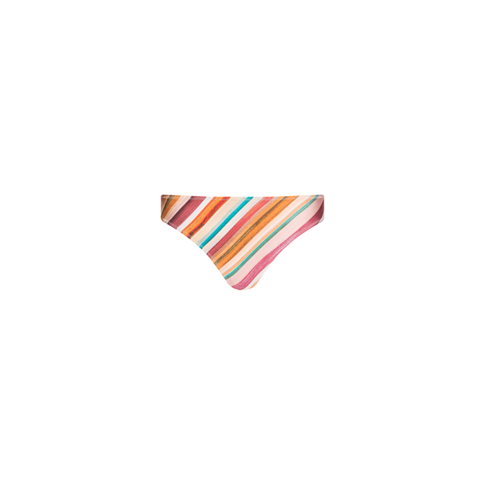 The Nicole Bikini Bottom features retro watercolor stripes in pink, orange, yellow, white, and teal on a crisp white background. Crafted from four-way stretch nylon for comfort, these bikini bottoms offer a moderate coverage swimsuit fit.