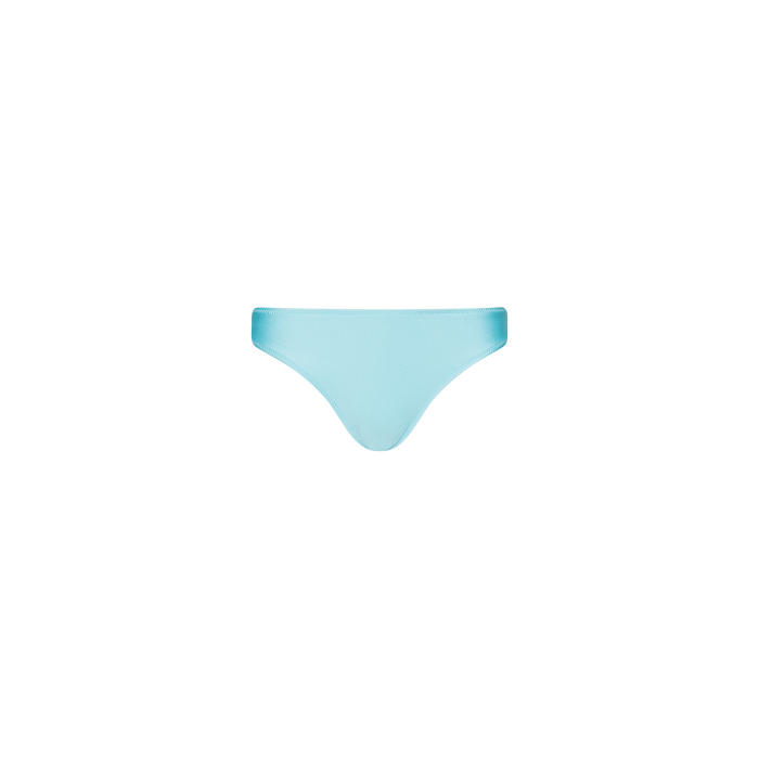 The Nicole Bikini Bottom in ice blue, crafted from stretch nylon, is displayed on a plain white background.