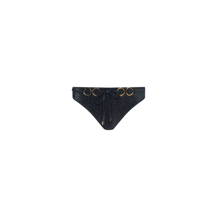 Nicole Bikini Bottom featuring a front tie and gold ring accents on the waistband, inspired by Parisian glamour swimwear style, displayed against a plain white background.