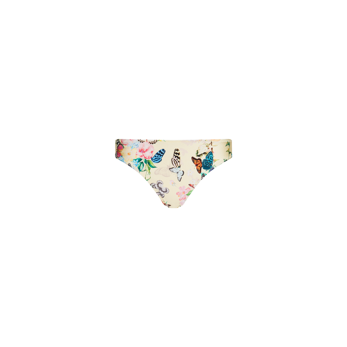 Nicole Bikini Bottom in a cream shade, featuring a vibrant butterfly print and colorful floral design. This UPF 50 swimwear provides moderate coverage and combines stylish sun protection, displayed on a white background.
