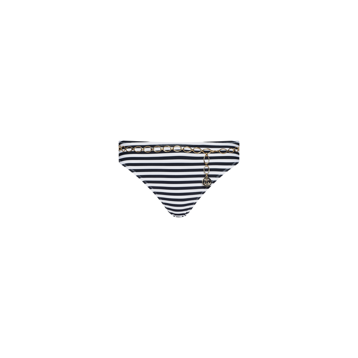 The Nicole Bikini Bottom features black and white stripes, a decorative gold chain with a small charm on the waistband, and is crafted from four-way stretch nylon for Parisian glamour. It is displayed against a plain white background.