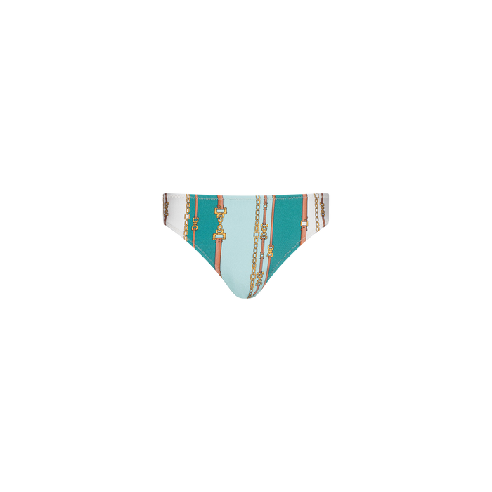 The Nicole Bikini Bottom is displayed against a plain white surface, showcasing a light blue and teal belt-stripe print with gold chain and belt designs on a white background.