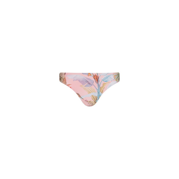 The Nicole Bikini Bottom, crafted from stretch nylon with UPF 50 swimwear protection, features a pastel palm leaf print and is displayed against a plain white background.