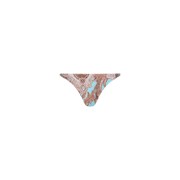 The Violet String Bikini Bottom features a brown and white paisley pattern on a light blue background, crafted in a classic string bikini style with UPF 50 swimwear protection, and is displayed on a plain white surface.