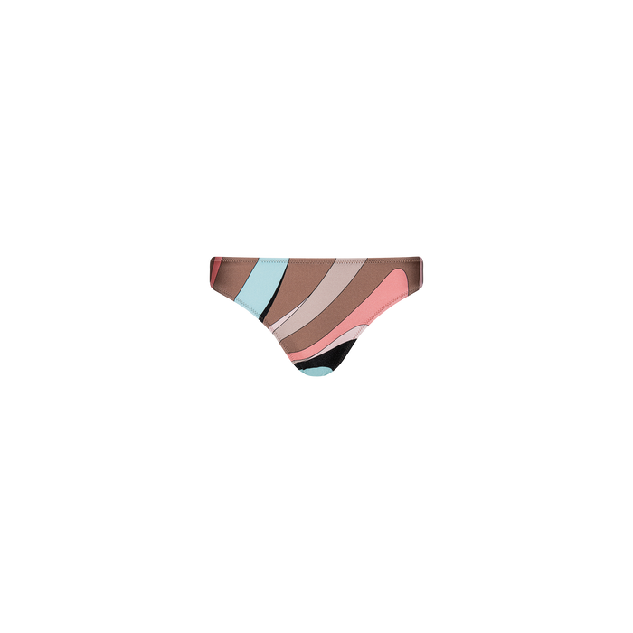 The Nicole Bikini Bottom features an abstract swirl print in shades of pink, brown, tan, black, and light blue on a white background. Made from stretch nylon with UPF 50 protection.