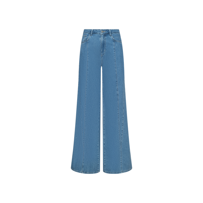 The Niles Wide-Leg Jean features a high-rise waist, front seam detailing, and a button closure, crafted from lightweight blue denim and displayed against a plain white background.