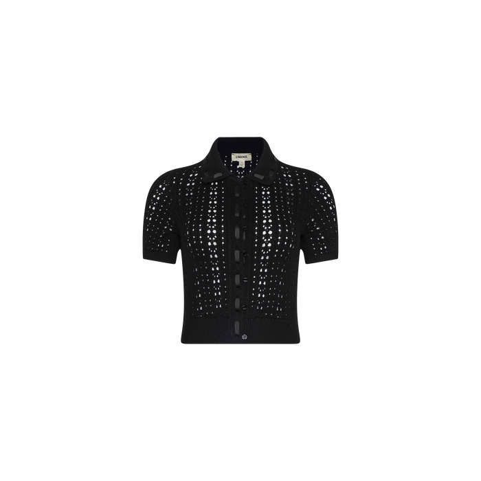 The Ninette Knit Top is a short-sleeve, black button-up crochet cardigan with a collar, featuring a pointelle knit pattern and a fitted silhouette, displayed on a plain white background.