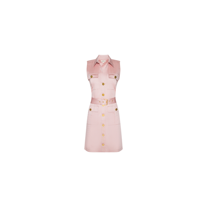 The Noam Poplin Shirt Dress is a sleeveless light pink cotton poplin shirt dress featuring a collar, front buttons, two chest pockets, a matching waist belt with a gold buckle, and gold button details, displayed on a white background.