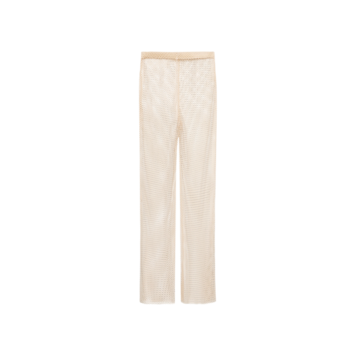 Noemi Mesh Cover-Up Pant in champagne, featuring a semi-sheer finish and a straight-leg cut, displayed against a plain white background.