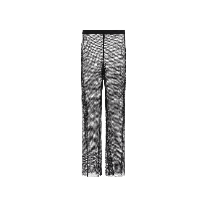 The Noemi Mesh Cover-Up Pant features a sheer black mesh design with a straight-leg cut, a high elastic waistband, and an all-over netted pattern for a sexy pull-on look. Shown on a plain white background.