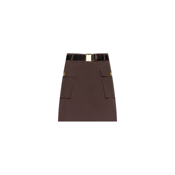 Norene Nylon Mini Skirt in brown, featuring large front cargo pockets, a black belt with a gold buckle detail, and crafted from water-repellent nylon, displayed against a plain white background.