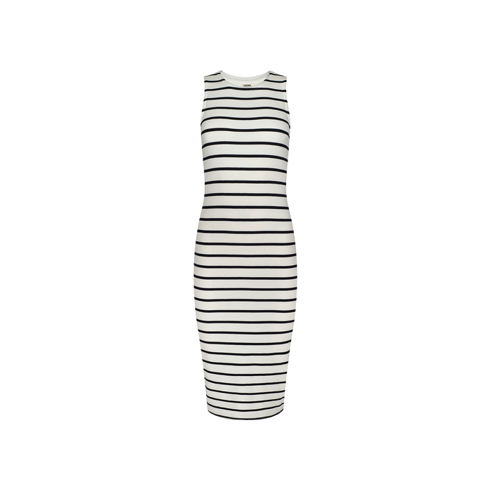 Nura Racerback Midi Dress in a sleeveless black and white striped jersey design, featuring a crew neckline and racerback silhouette, displayed against a plain white background.
