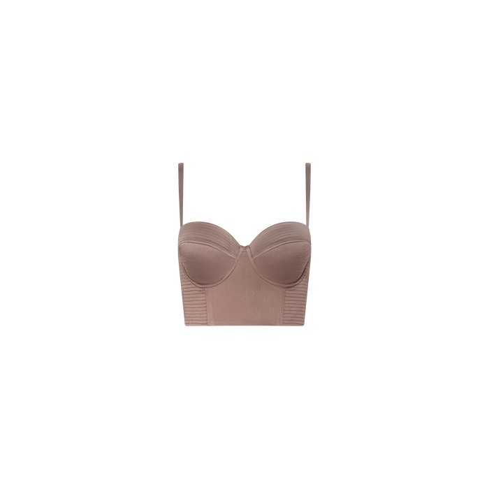 The Nysa Bustier Top in taupe features adjustable straps, structured cups, and a fitted bodice, showcased against a plain white background.