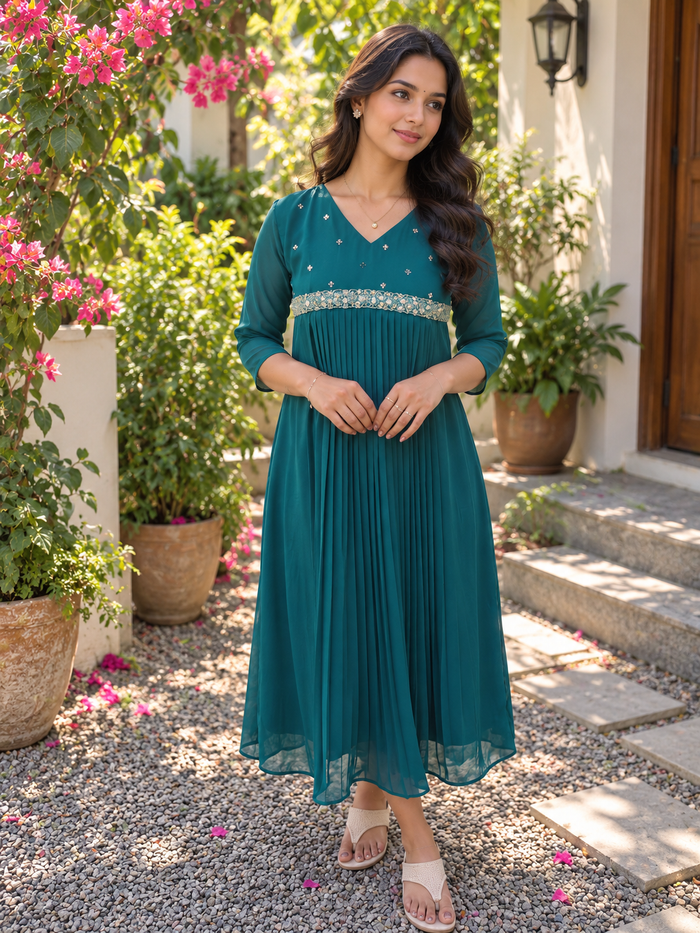 Ocean green shaded georgette Aline kurti with handworked yoke and lace detailings MBS-1407 **Ready to dispatch**