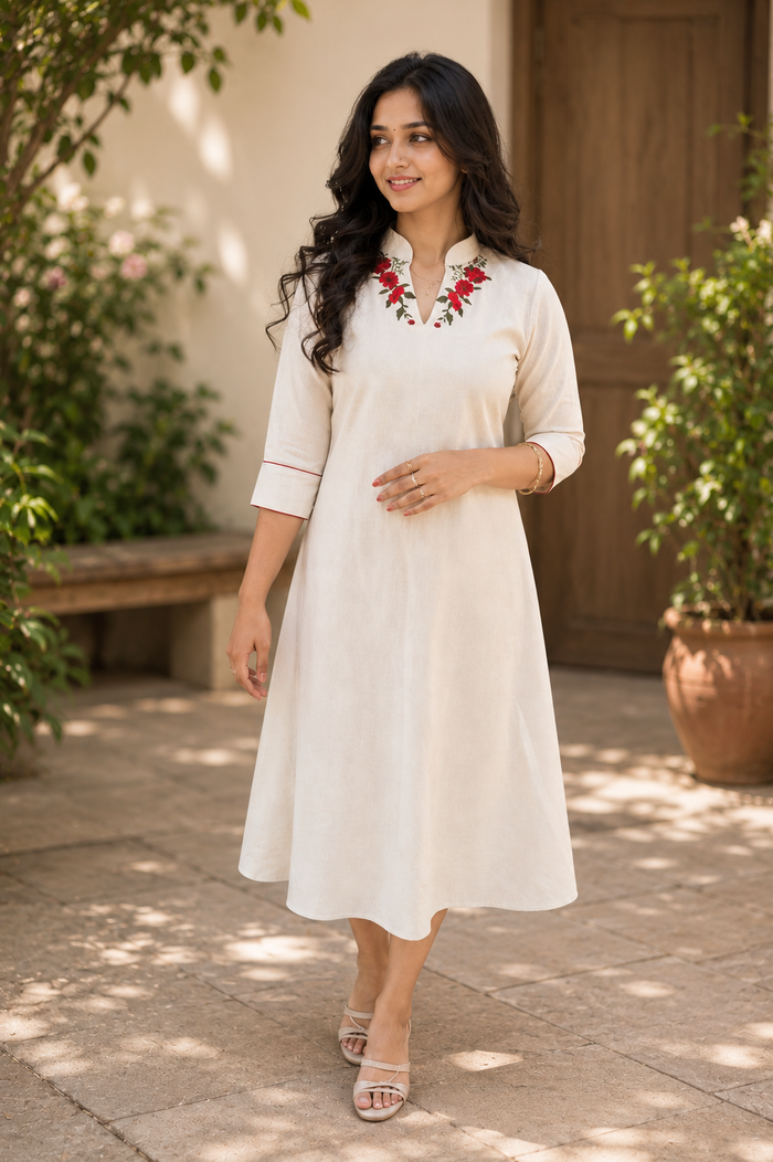 Off white flex cotton Aline kurti with floral thread embroidered neckline MBS-1265  **Ready to dispatch**