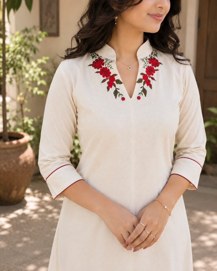 Off white flex cotton Aline kurti with floral thread embroidered neckline MBS-1265  **Ready to dispatch**
