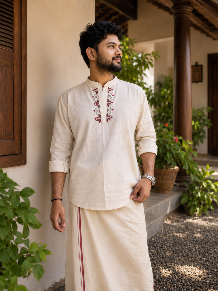 Off white flex short kurta for men with red floral thread embroidery detailings MBS-1270  **Ready to dispatch**