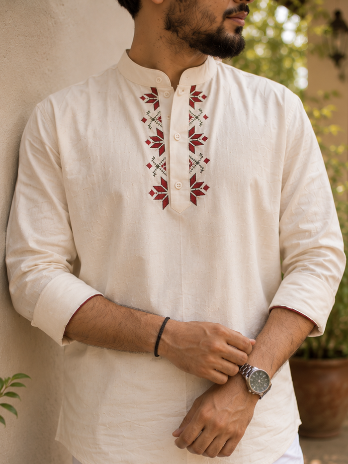 Off white flex short kurta for men with red floral thread embroidery detailings MBS-1270  **Ready to dispatch**