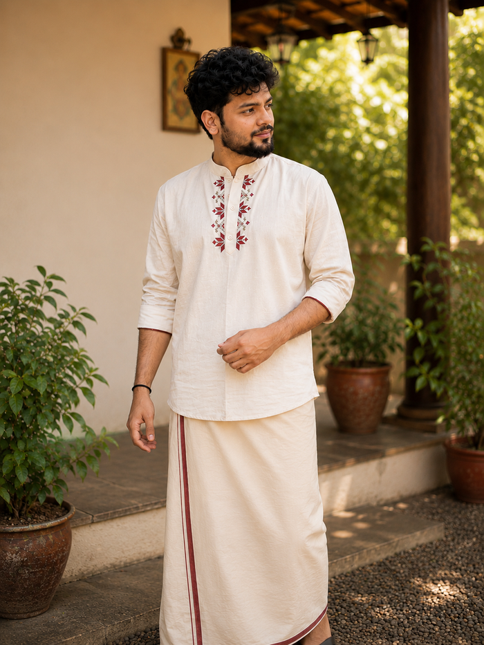 Off white flex short kurta for men with red floral thread embroidery detailings MBS-1270  **Ready to dispatch**