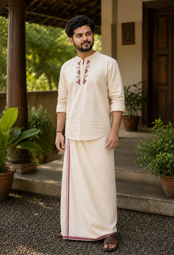 Off white flex short kurta for men with red floral thread embroidery detailings MBS-1270  **Ready to dispatch**