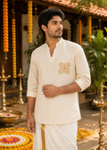 Off white flex short kurta for men with yellow thread embroidery detailings MBS-1264