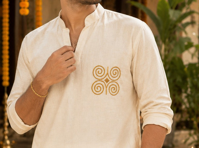 Off white flex short kurta for men with yellow thread embroidery detailings MBS-1264