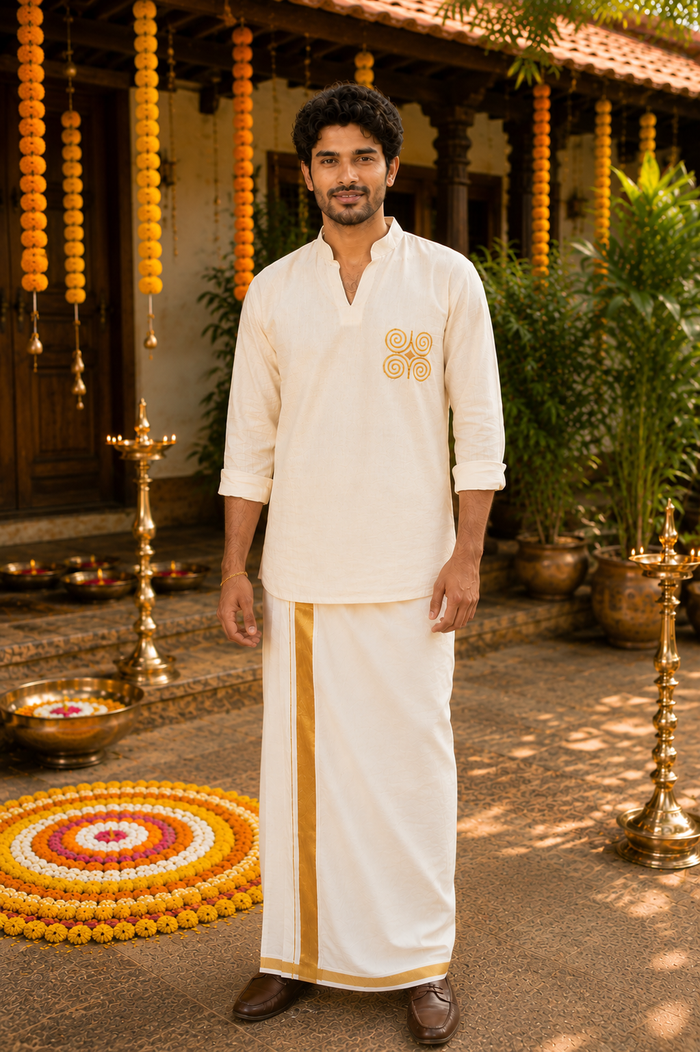Off white flex short kurta for men with yellow thread embroidery detailings MBS-1264