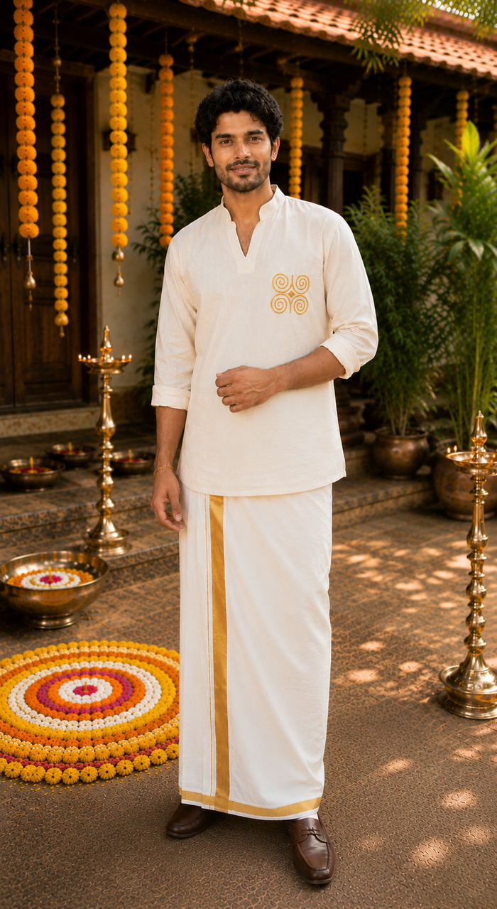 Off white flex short kurta for men with yellow thread embroidery detailings MBS-1264