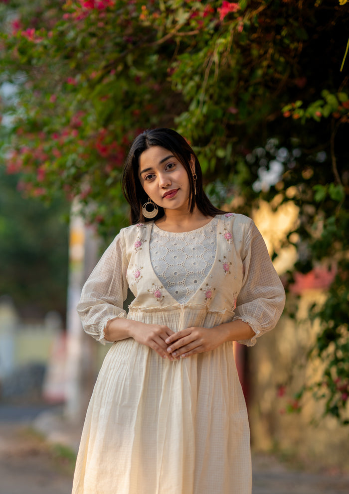 Off white soft Kota checks kurti with hacoba and thread embroidered yoke MBS-533  **Ready to dispatch**