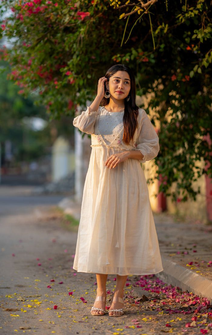 Off white soft Kota checks kurti with hacoba and thread embroidered yoke MBS-533  **Ready to dispatch**