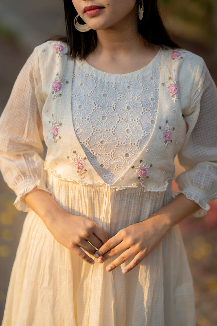 Off white soft Kota checks kurti with hacoba and thread embroidered yoke MBS-533  **Ready to dispatch**