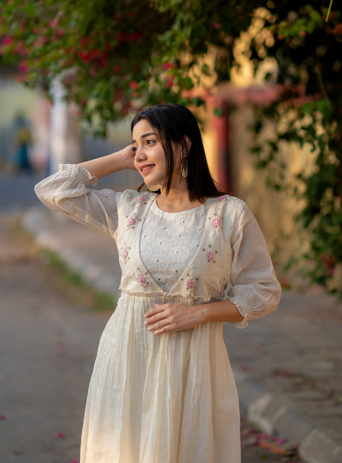 Off white soft Kota checks kurti with hacoba and thread embroidered yoke MBS-533  **Ready to dispatch**